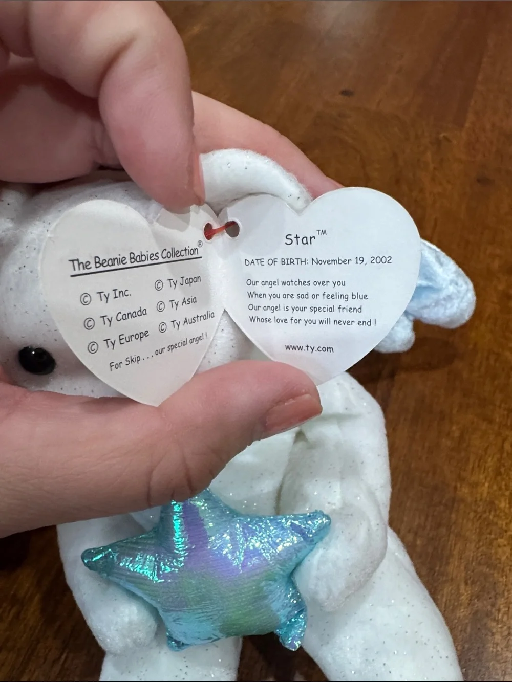 Ty Beanie Babies “Star” White Sparkle Bear Plush with Iridescent Star